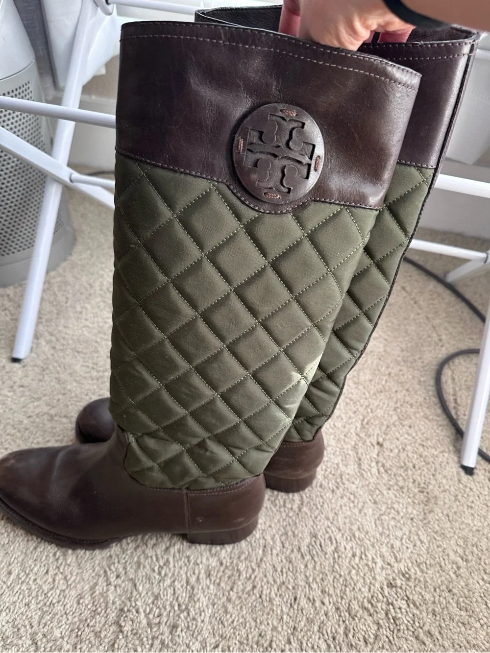 Tory Burch Rowan Quilted Riding Boots Green/Brown Leather